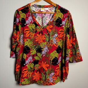 C&C California Women's‎ Bright Safari Jungle 3/4 Sleeve T-Shirt Top 3X V-Neck